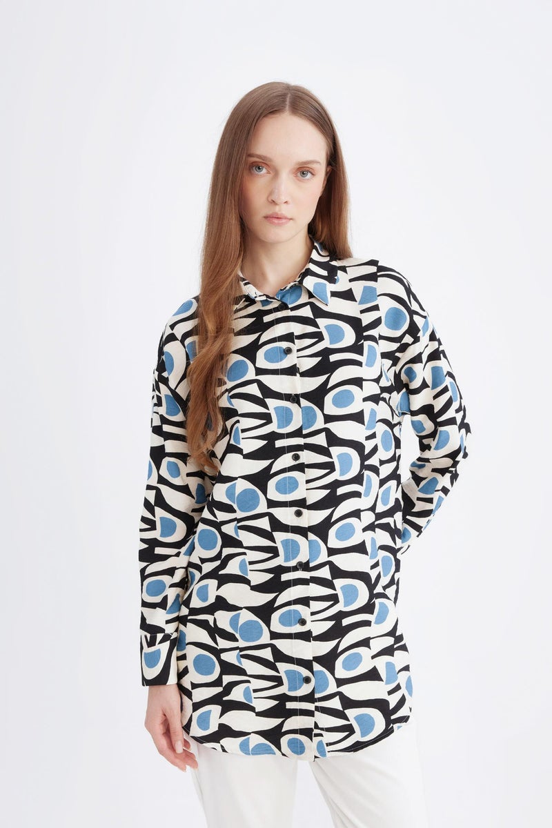 DeFacto Blue Woman Relax Fit Shirt Collar Printed Long Sleeve Tunic Casual - Image 4